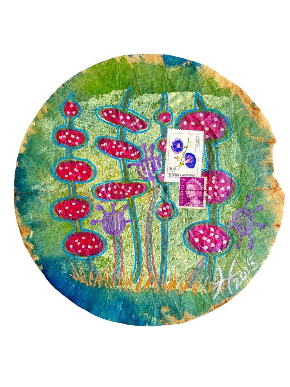 Filtered 3 Original Art Acrylic Collage Painting Round Artwork 7.75in Diameter